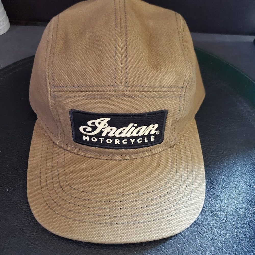 Indian Motorcycle Mens 5-Panel Canvas Hat Tan Brown Leather Strapback Cap